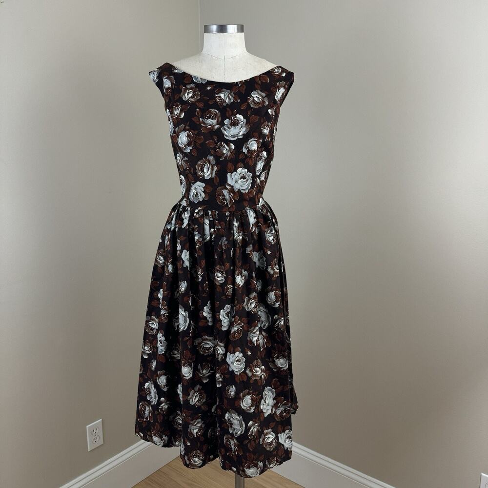 Queen of Heartz Womens Retro Floral Dress Fit Flare 2X Brown Pin Up USA NEW